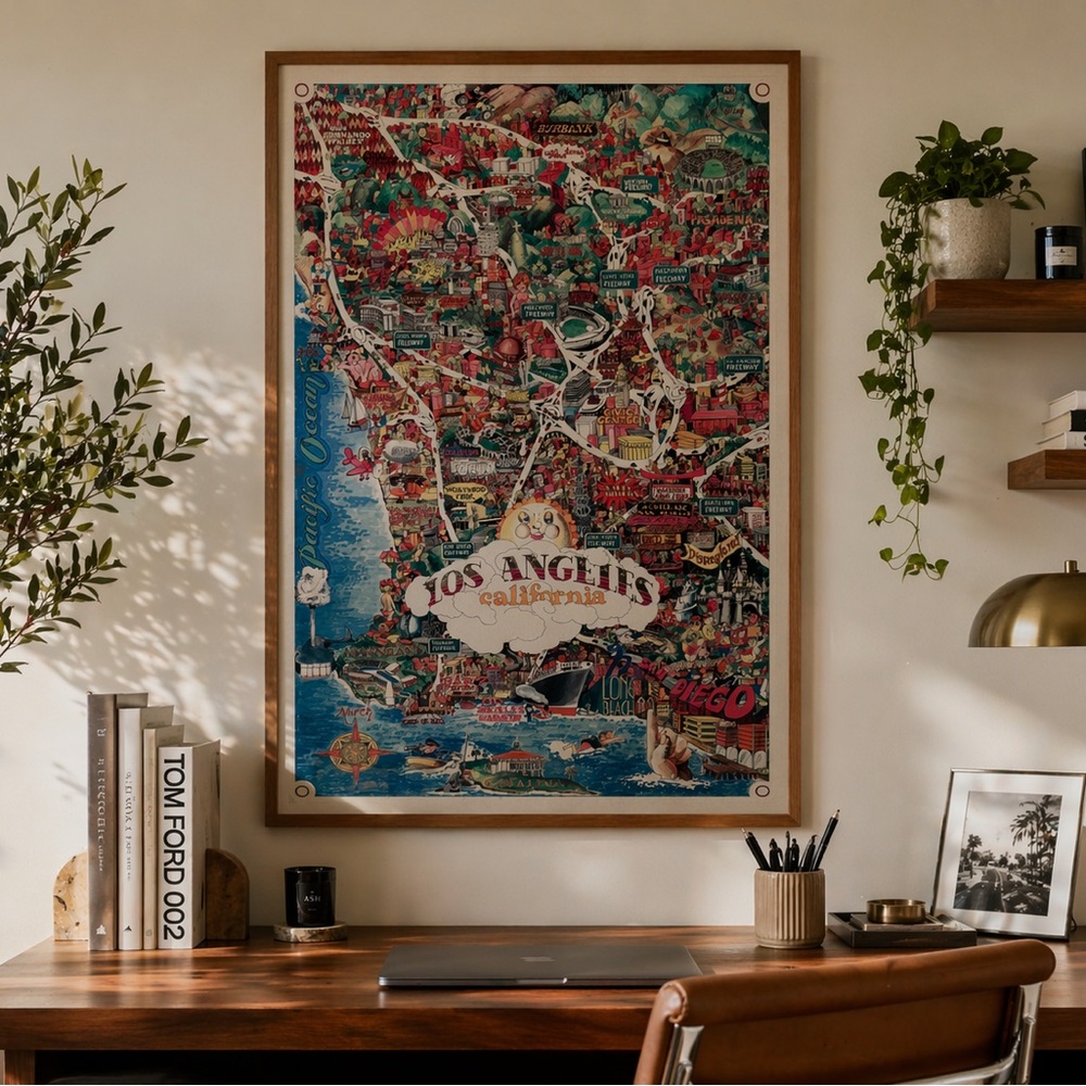 RARE VINTAGE LOS ANGELES POSTER MAP PRINT - BY RANDY AKERS 1970